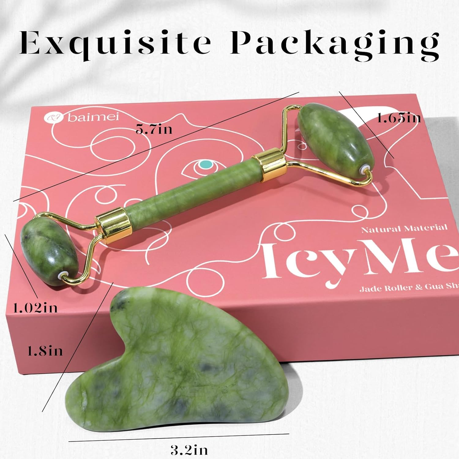 Green jade roller and gua sha set on pink packaging with dimensions displayed, labeled Exquisite Packaging