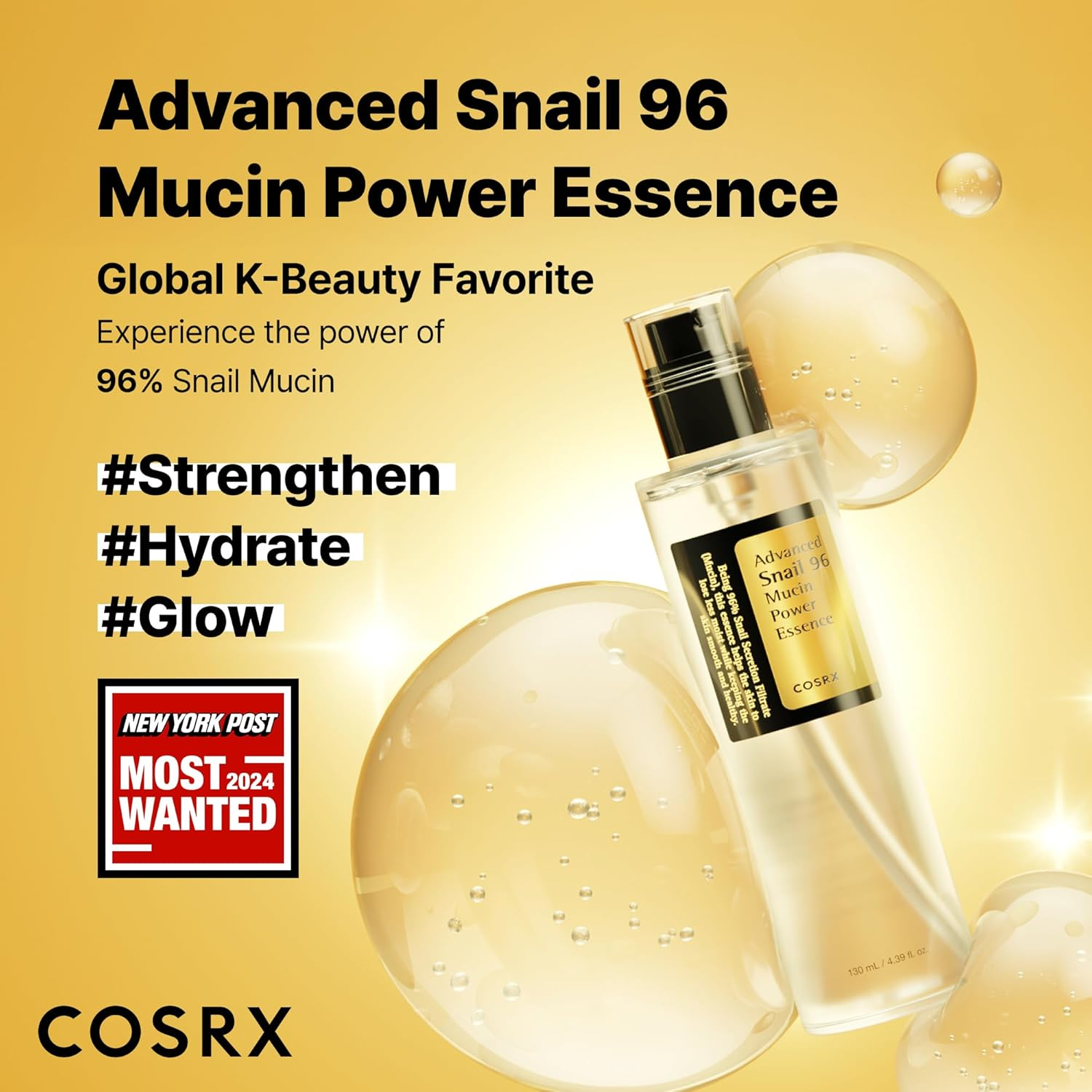 Advanced Snail 96 Mucin Power Essence bottle with bubbles, highlighting benefits: strengthen, hydrate, glow. COSRX