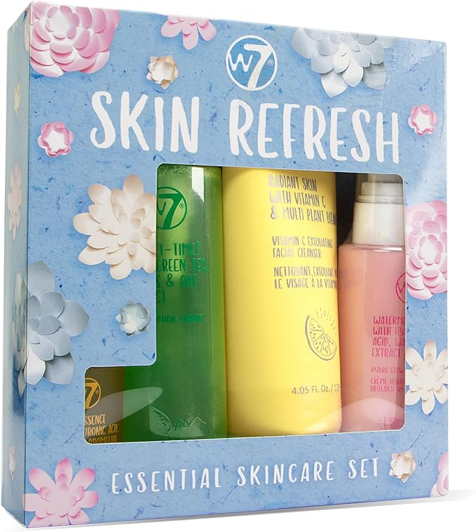 Blue W7 Skin Refresh Essential Skincare Set with Vitamin C, green and pink bottles, floral packaging design