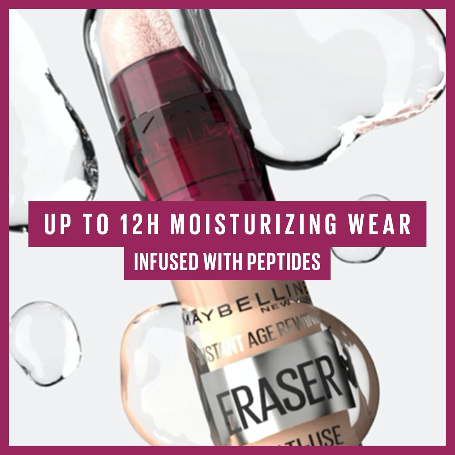 Eraser makeup with 12-hour moisturizing wear, infused with peptides, and Maybelline branding on package