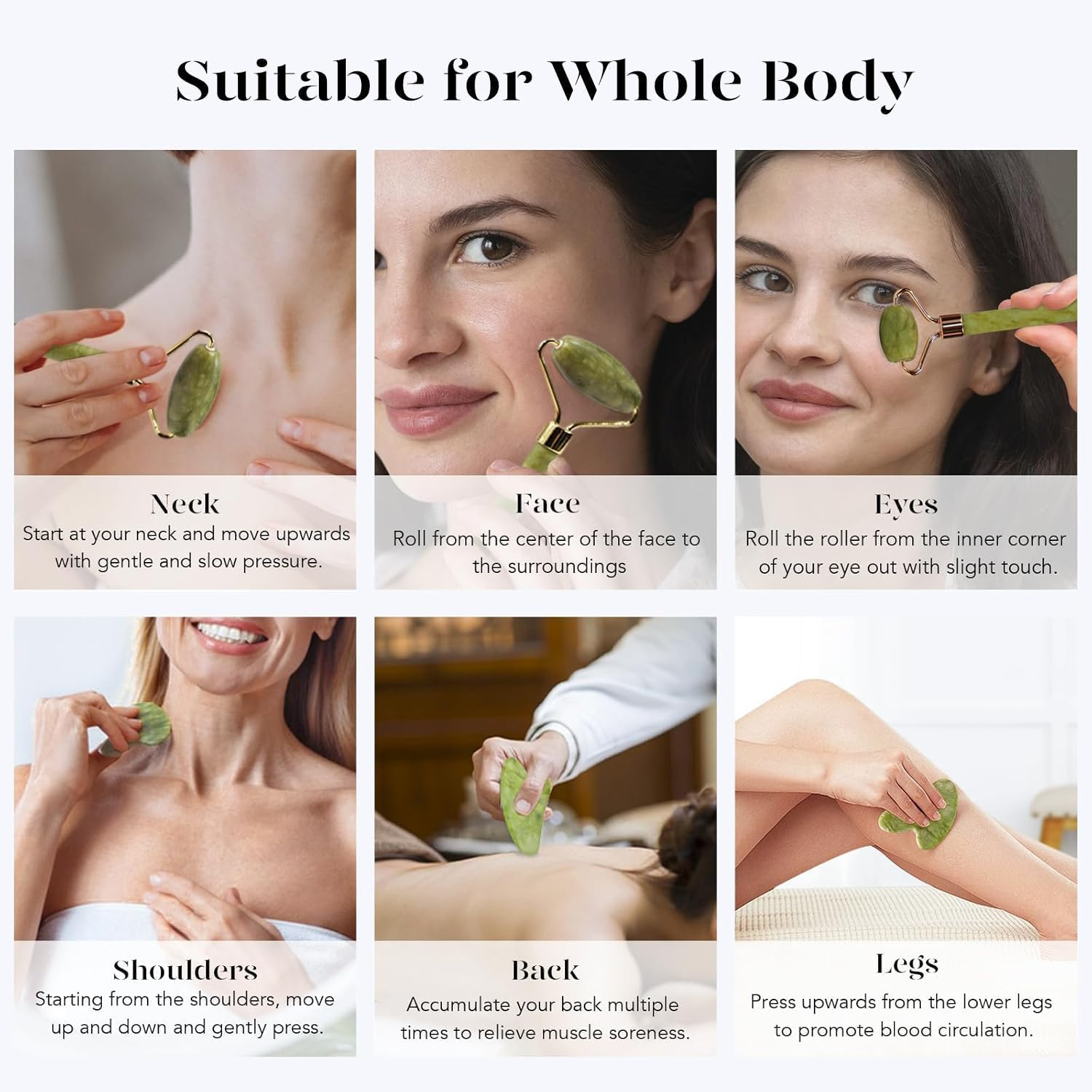 Collage of six images showing how to use a jade roller on neck, face, eyes, shoulders, back, and legs for skincare