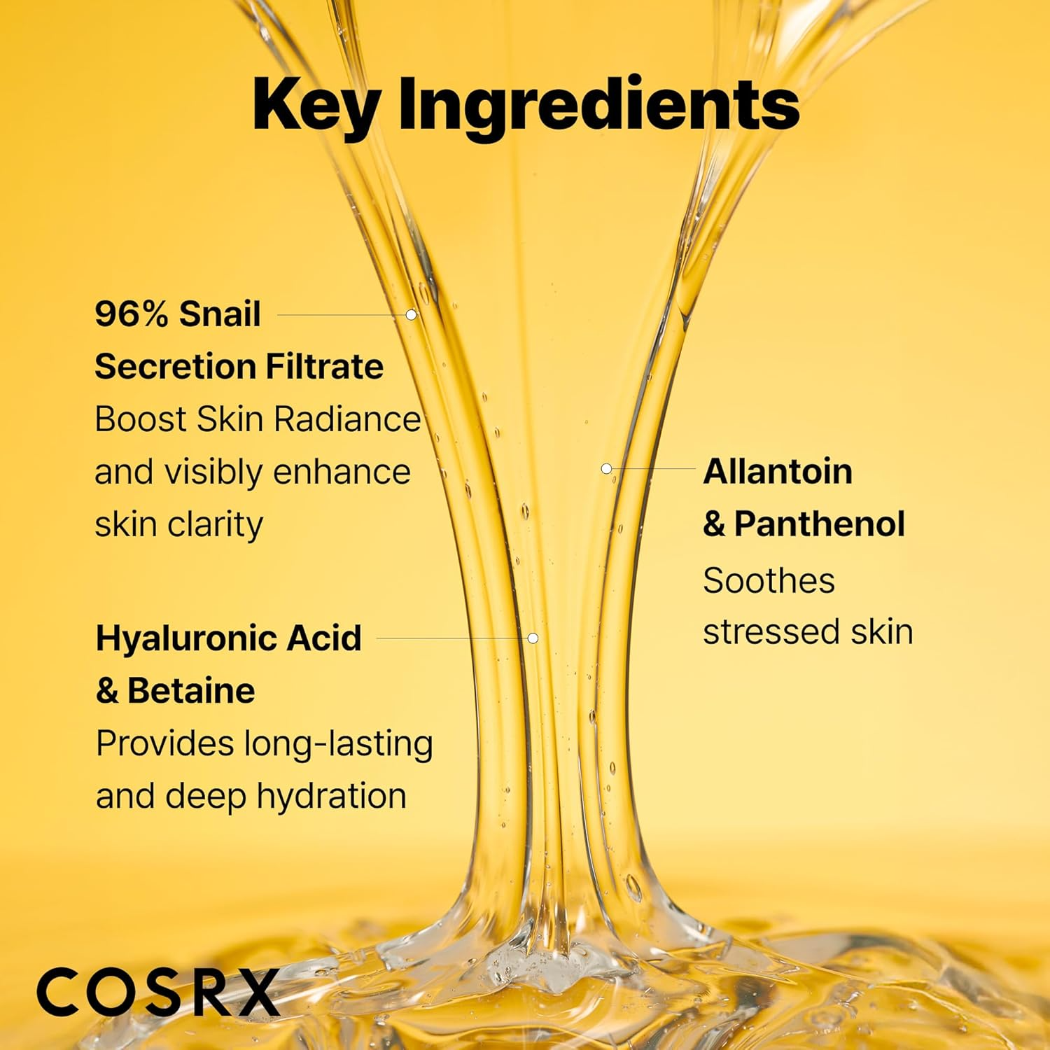 COSRX skincare key ingredients: snail secretion filtrate, hyaluronic acid, allantoin, panthenol for hydration and soothing