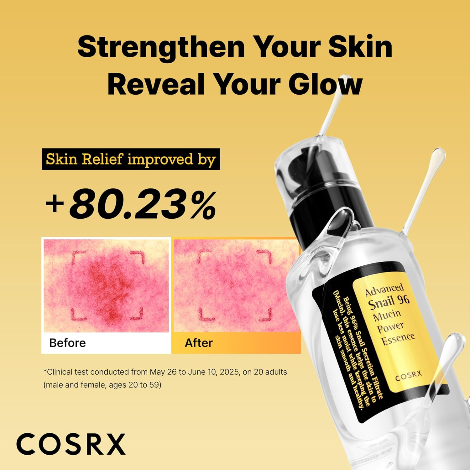 COSRX Advanced Snail 96 Mucin Power Essence boosts skin relief by 80.23%, before and after images shown
