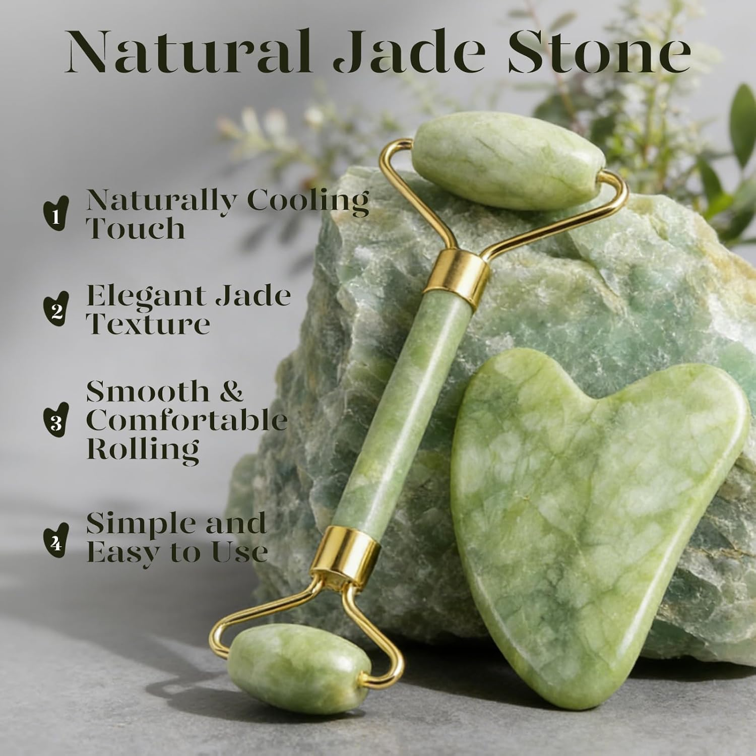 Natural jade stone roller and gua sha set with cooling, elegant texture on display. Ideal for smoothing skin