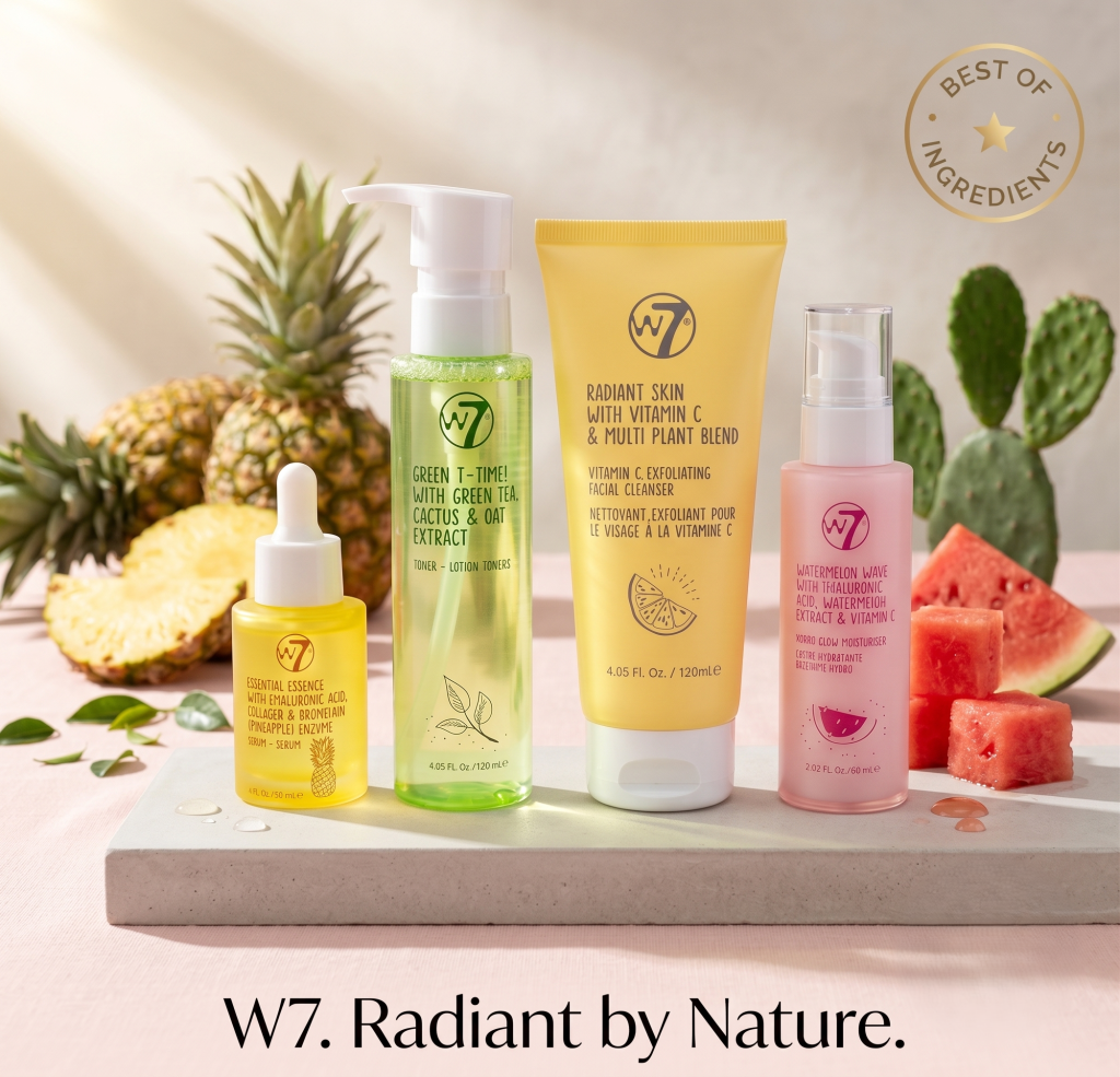 W7 skincare products with natural ingredients like green tea, vitamin C, and watermelon for radiant skin.