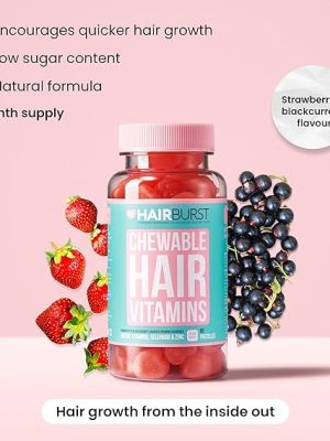Chewable hair vitamins with strawberry and blackcurrant flavor; promotes hair growth with low sugar and natural formula