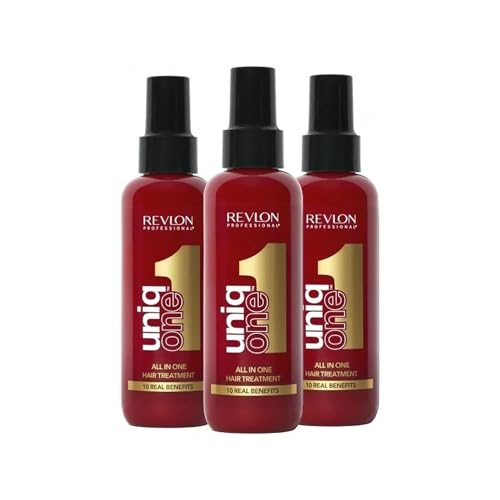 Three bottles of Revlon Uniq One All in One Hair Treatment displayed against a white background.