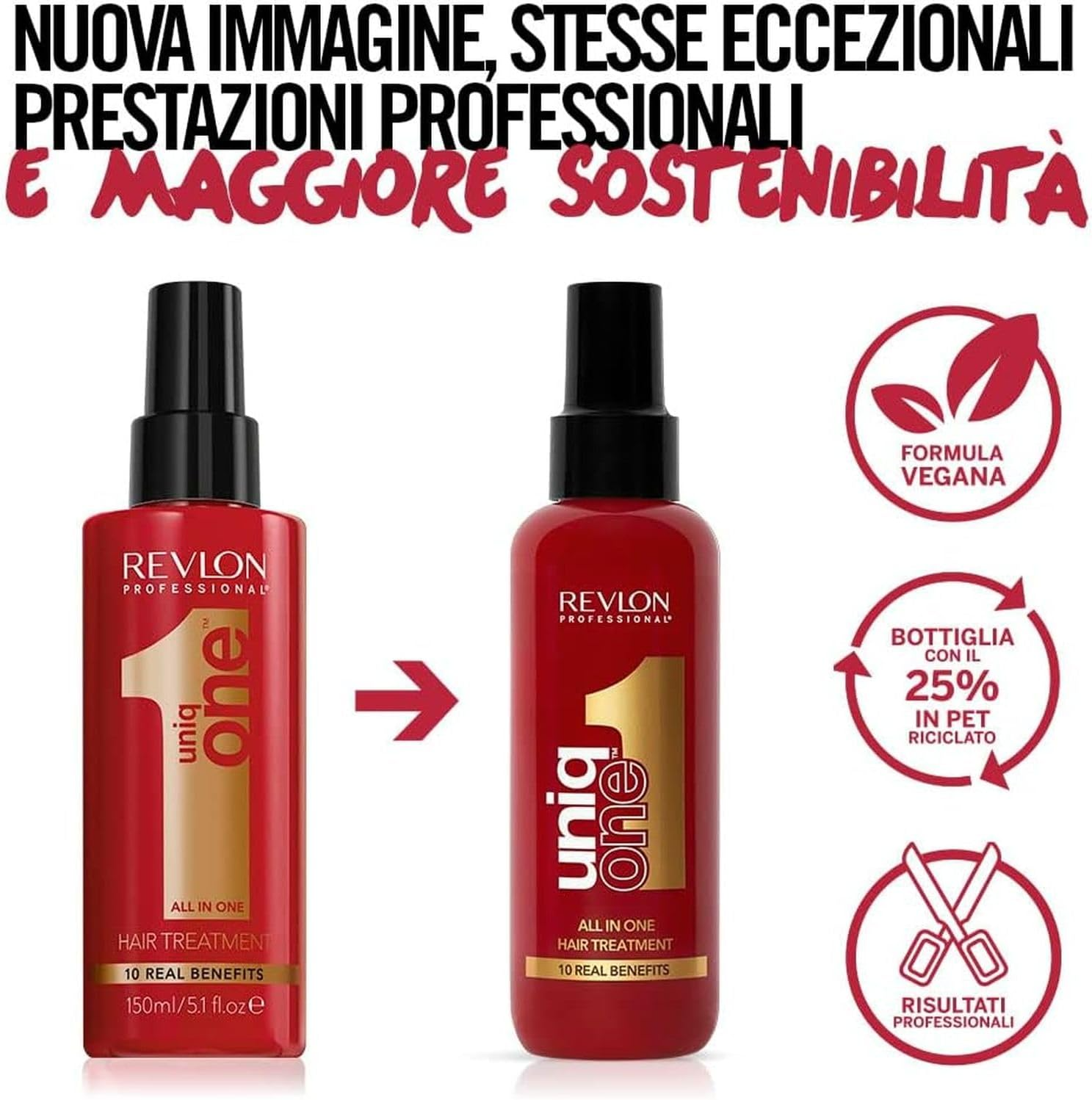 Revlon Uniq One Hair Treatment: new sustainable packaging, vegan formula, professional results, 25% recycled PET