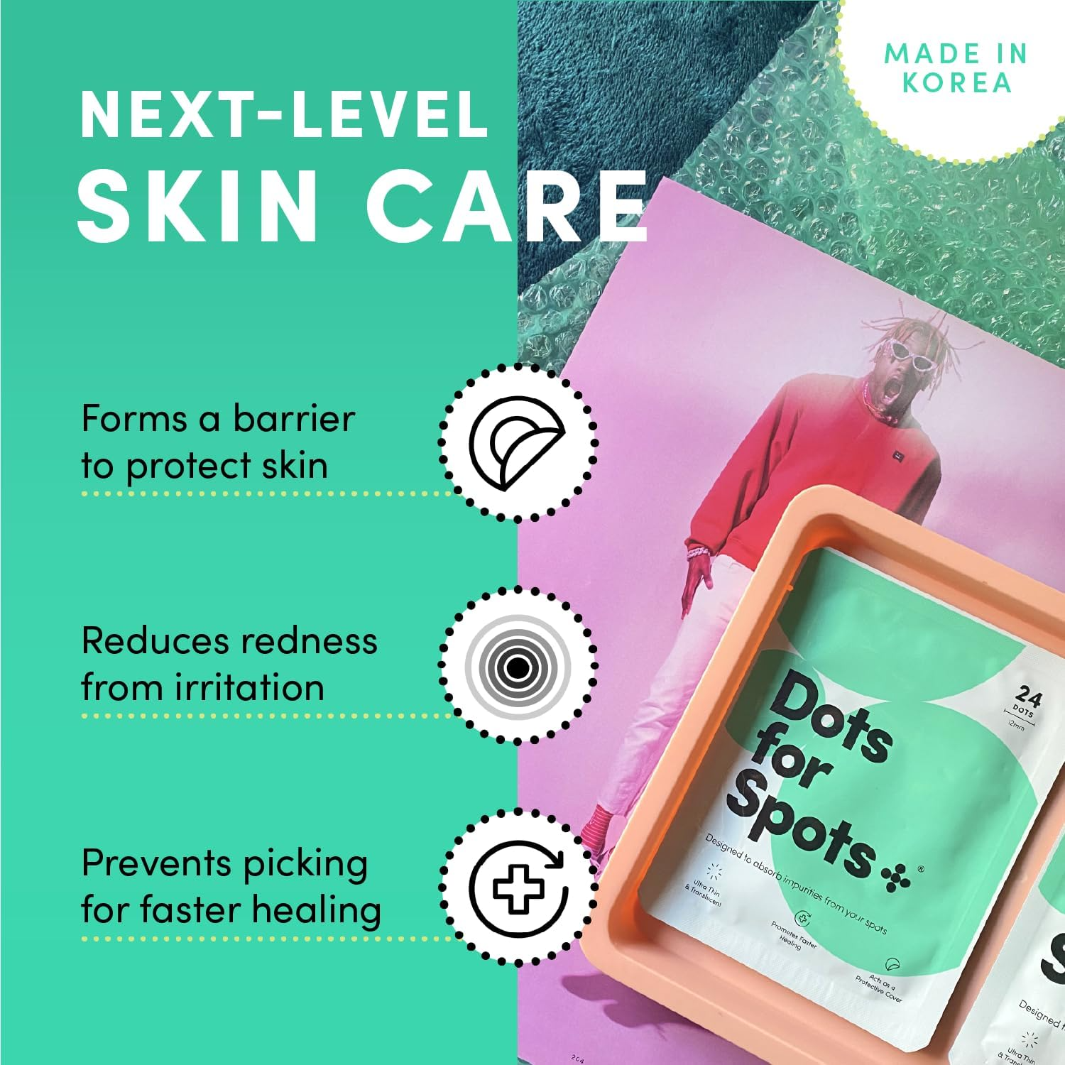Next-level skin care packaging featuring Dots for Spots, highlighting protection, redness reduction, and healing benefits