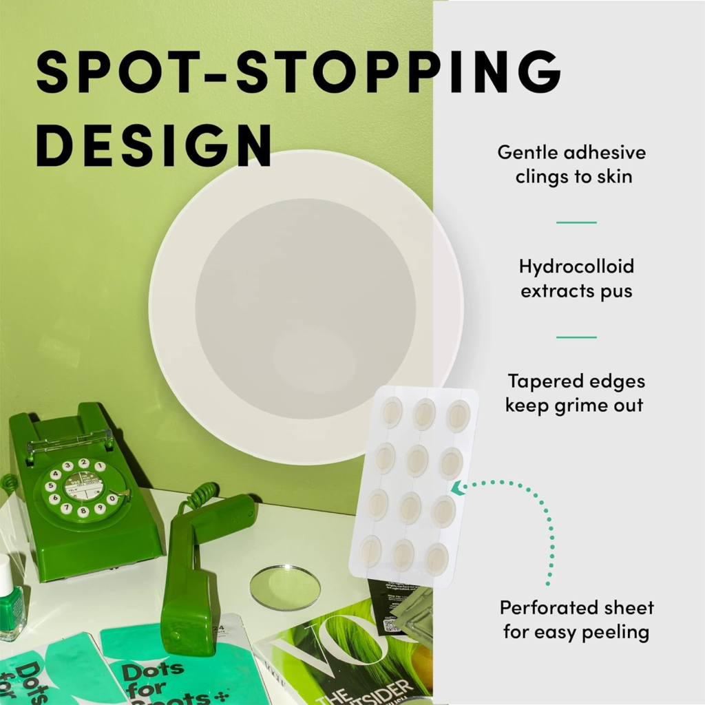 Hydrocolloid acne patches on plate with green decor, featuring perforated sheet and tapered edges for skincare.
