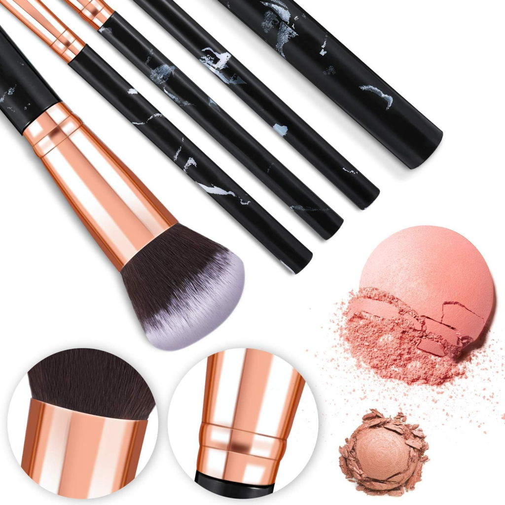 Makeup brushes with black and rose gold handles, featuring close-ups of bristles and crushed pink blush.