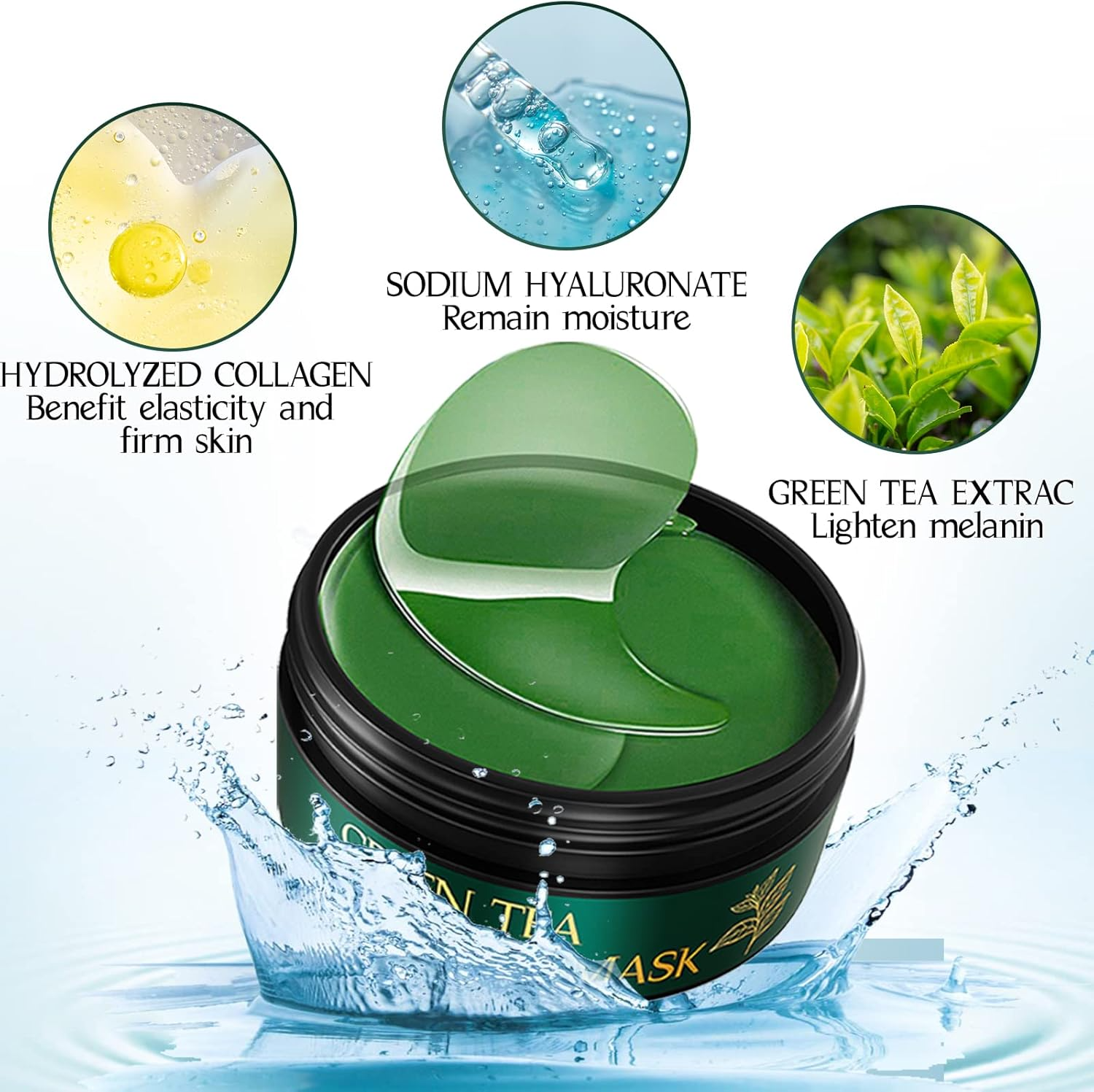 Green tea mask with hydrolyzed collagen, sodium hyaluronate, and green tea extract for moisture and skin benefits