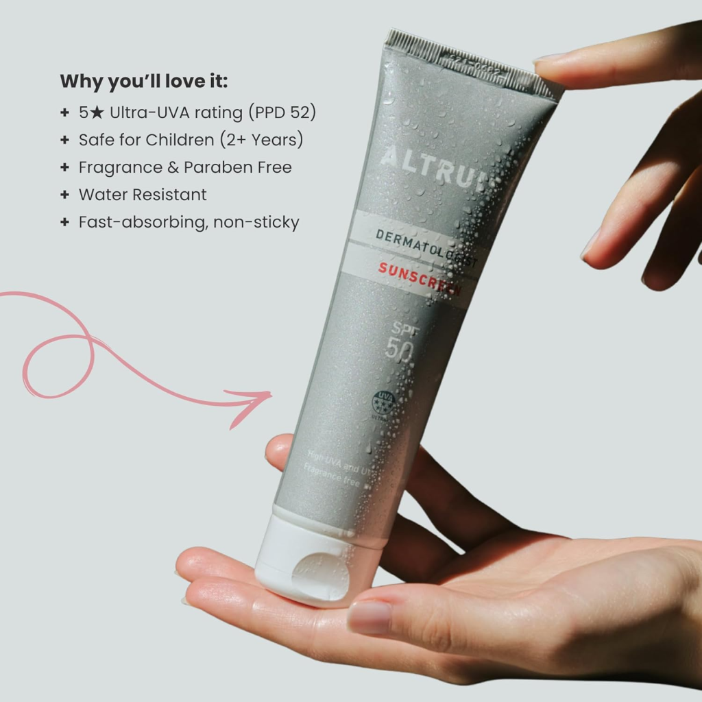 Hand holding Altruist sunscreen SPF 50, features include UVA rating, water resistance, and being paraben-free.