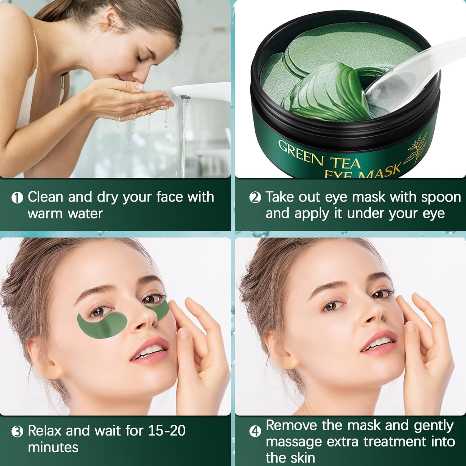 4-step guide to applying green tea eye masks: cleanse, apply, relax, and massage for refreshed skin
