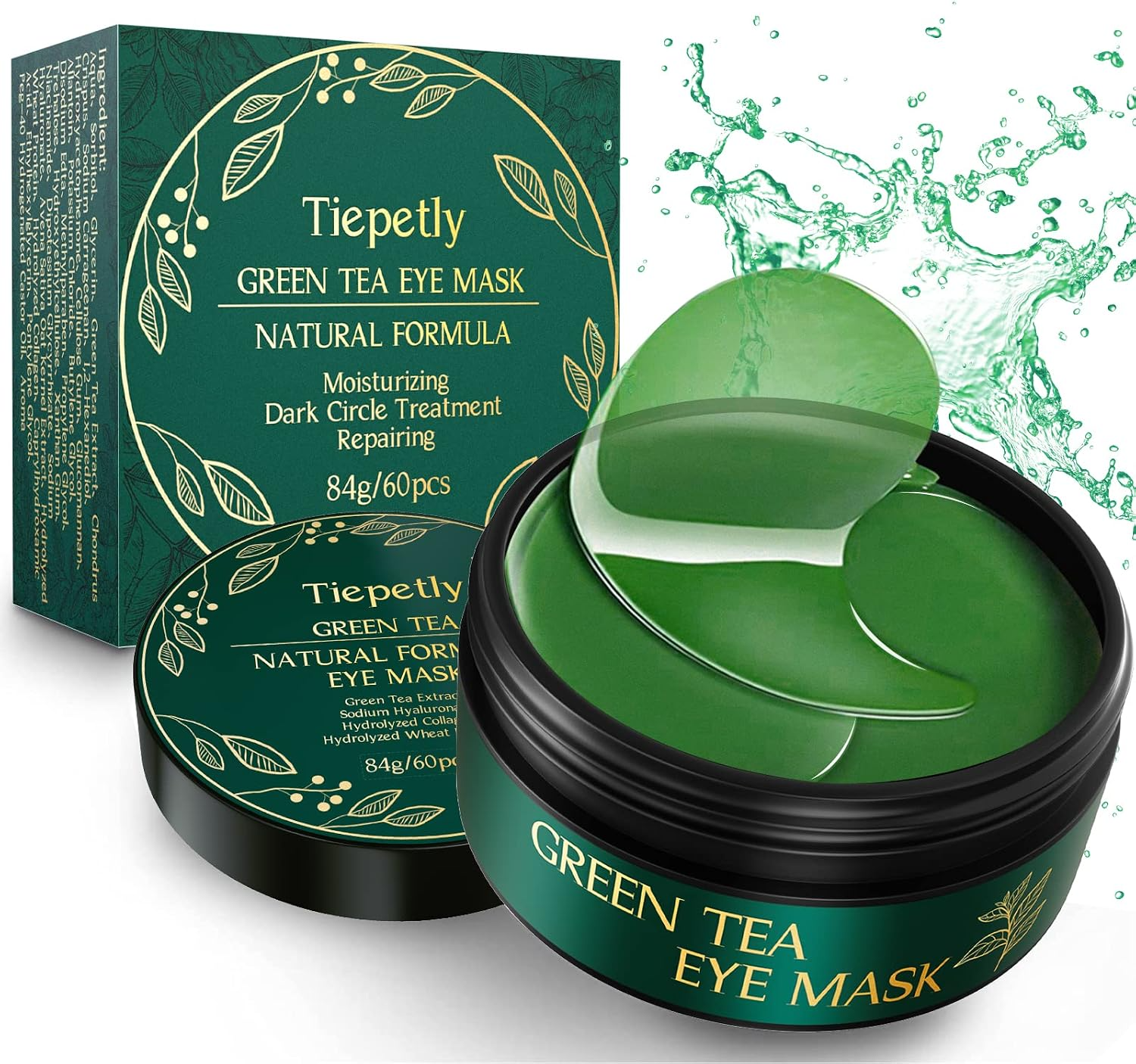 Tiepety Green Tea Eye Mask for dark circles and hydration, 60 pieces with natural formula in elegant packaging.