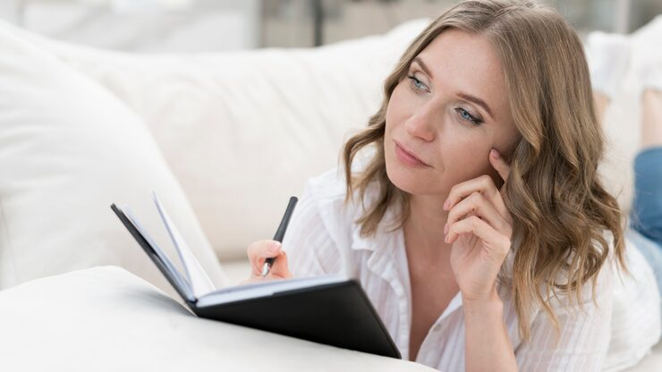Woman thoughtfully writing in a journal while lying on a couch, reflecting with a pen in hand