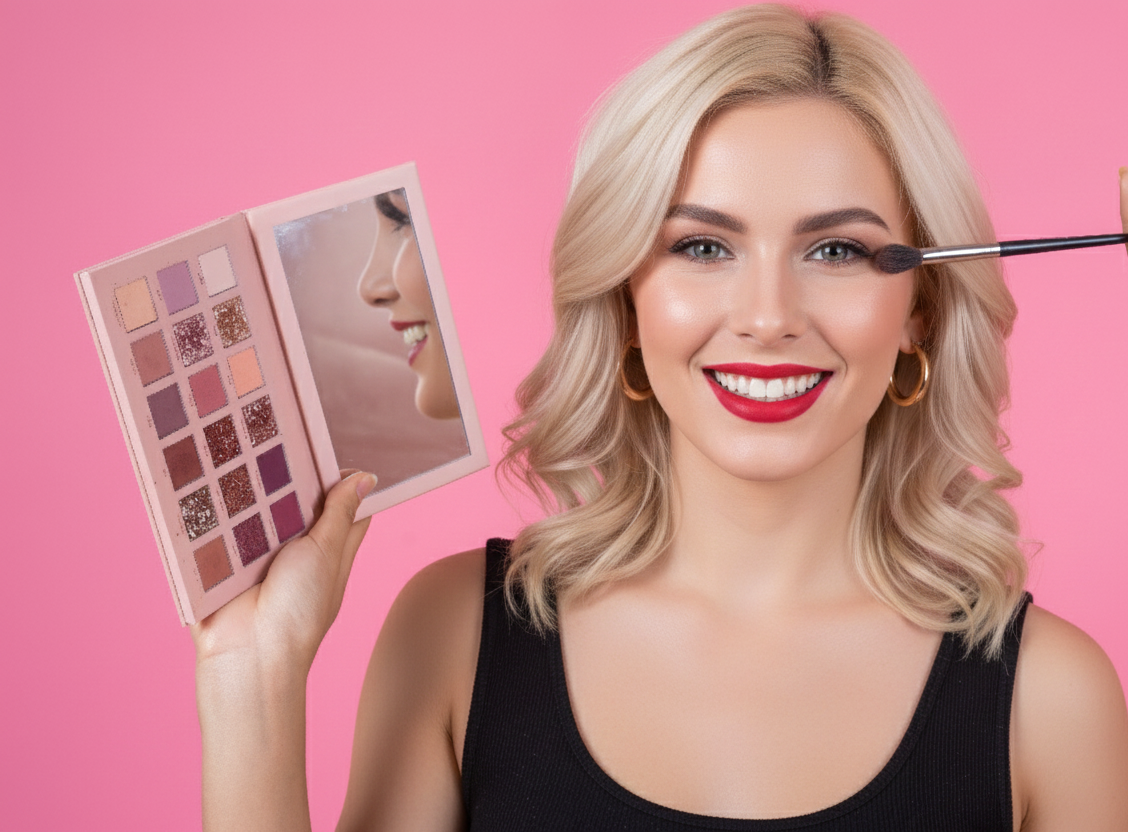 Blonde woman applying eye makeup using palette, smiling against a pink background.