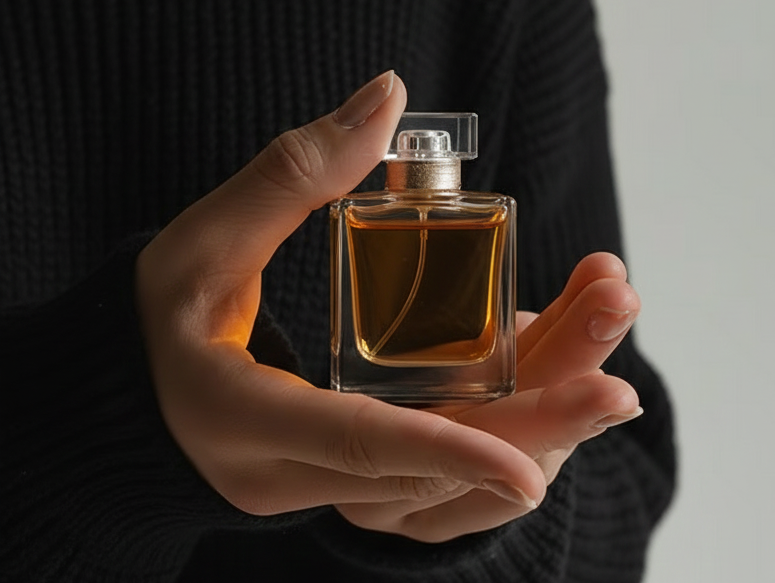 Person holding a glass perfume bottle with gold liquid against a dark background