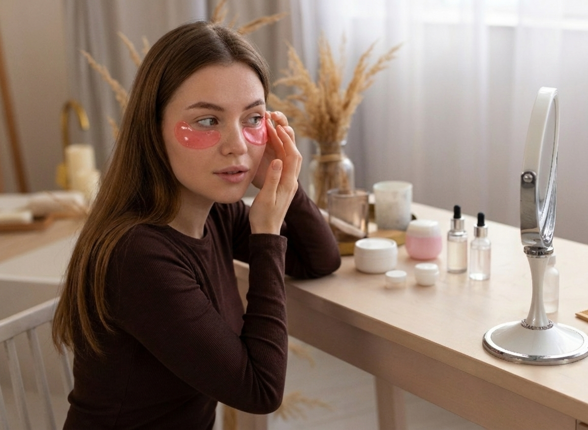 Woman applying under-eye patches in front of mirror, surrounded by skincare products on a wooden table