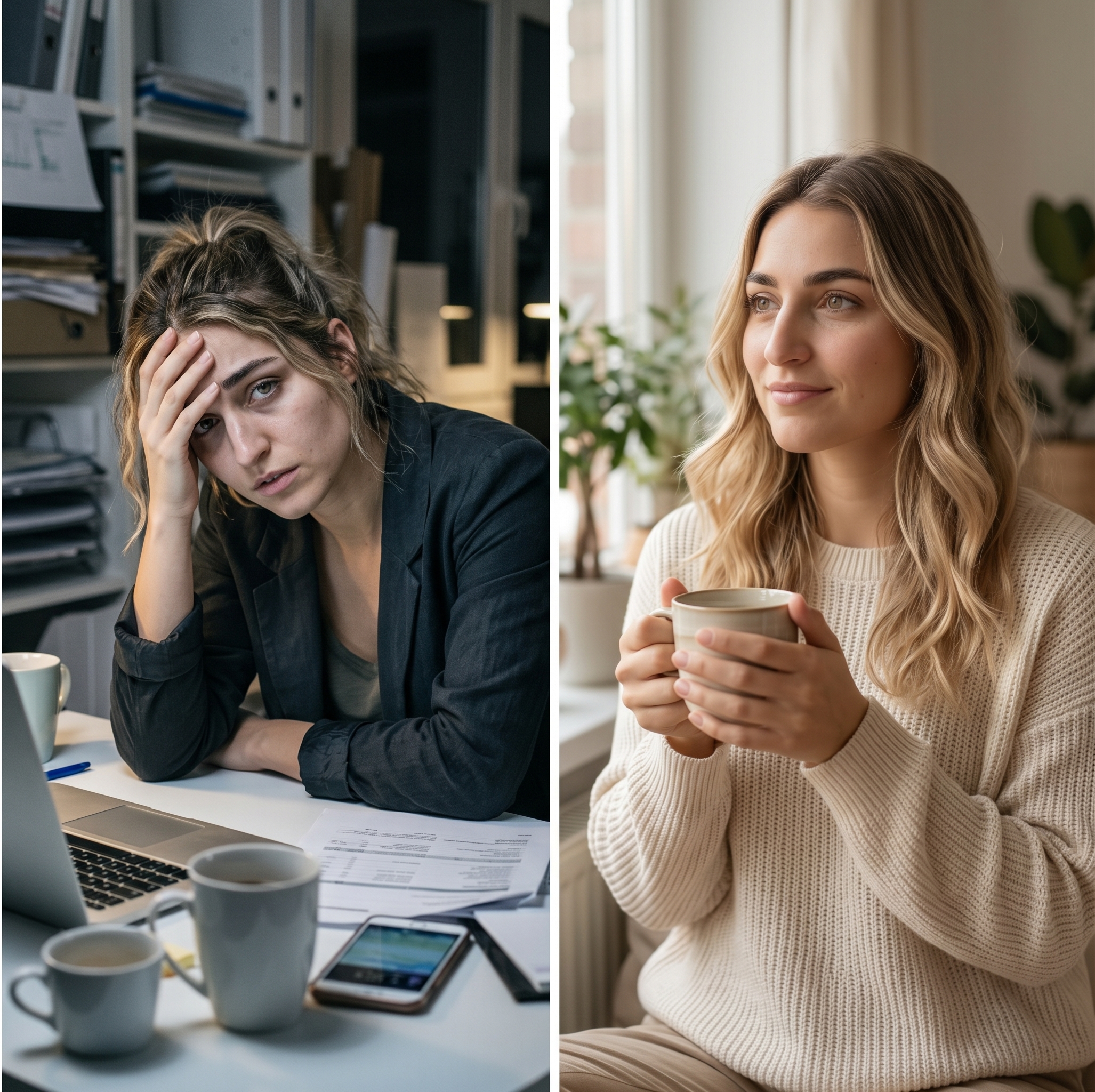 Stressed woman at office vs. relaxed woman with coffee at home, highlighting work-life balance contrast.