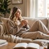 Woman relaxing with tea on a cozy couch, surrounded by plants and books in a bright living room.